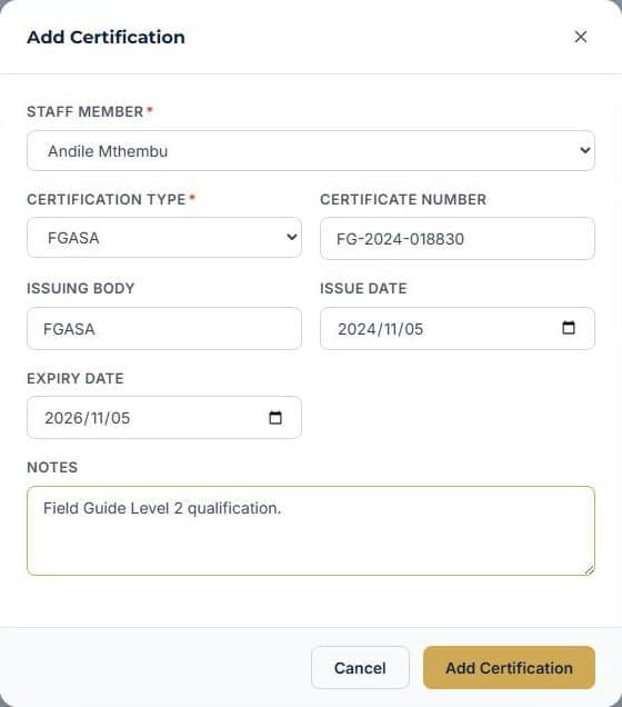 Track staff certifications: Add the certification