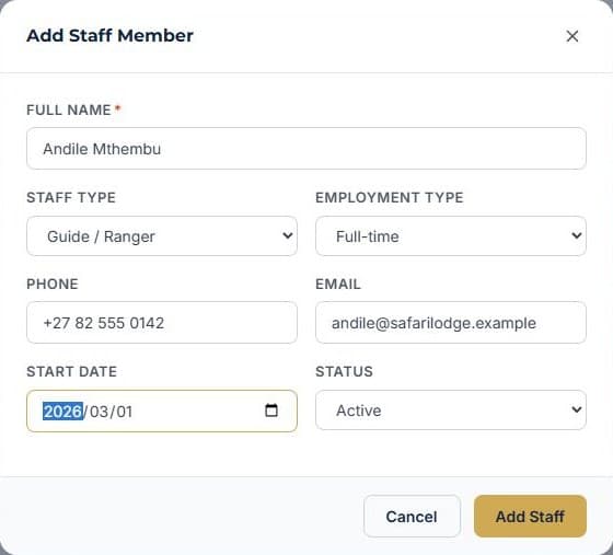 How to add a staff member: Tap Add Staff, then fill in the basics