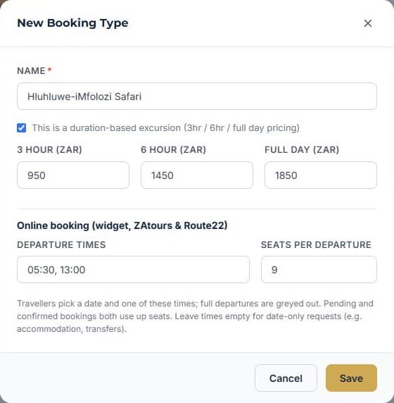 Set up your tours and rates: Add a booking type