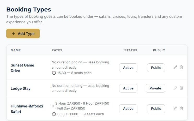 Set up your tours and rates: See all your types in one list