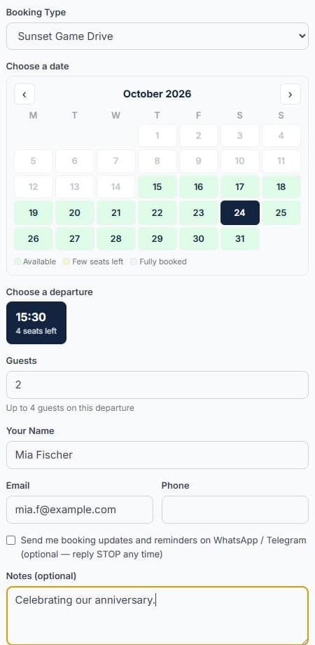 Take bookings on your own website: Guests pick a date and departure