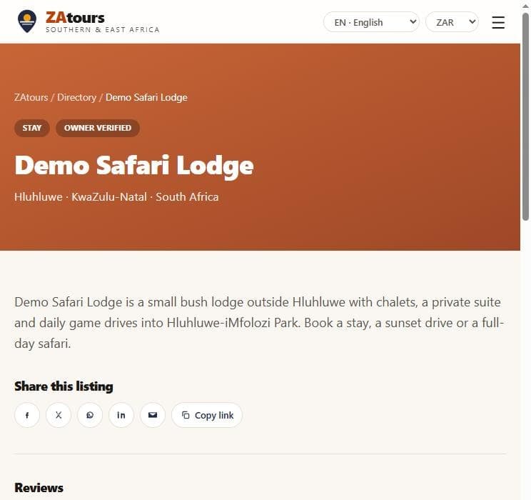 Get found on ZAtours and Route22: Your own listing page
