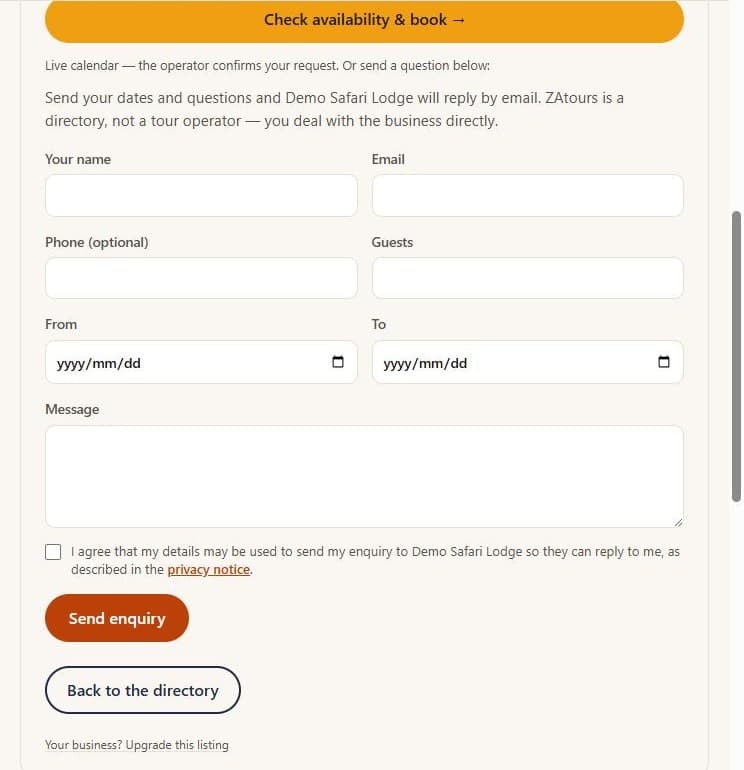 Get found on ZAtours and Route22: Guests enquire or book