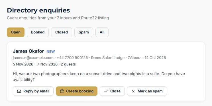 Get found on ZAtours and Route22: Enquiries land in OpDesk