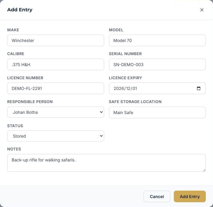 Keep a firearm register: Add each firearm