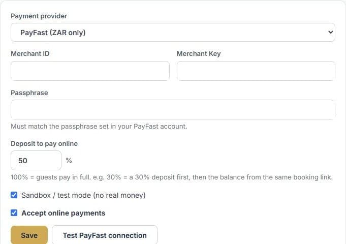 Take deposits online with PayFast: Connect your PayFast account