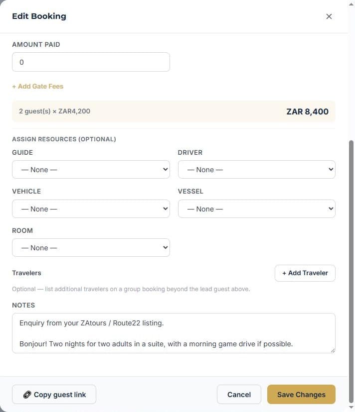 Take deposits online with PayFast: Confirm the booking and copy the guest link