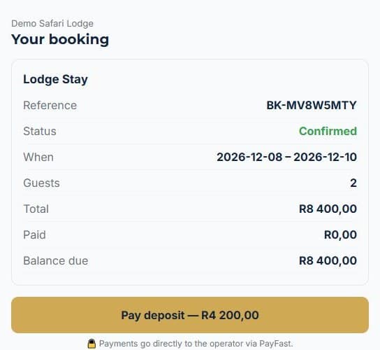 Take deposits online with PayFast: Your guest pays the deposit