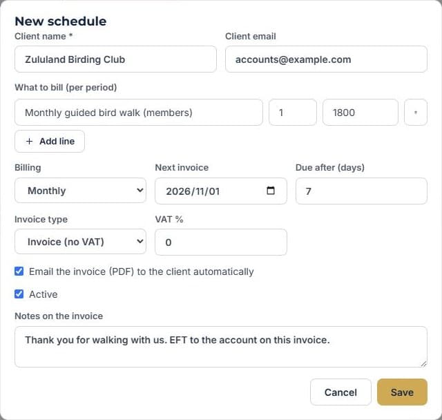 Bill regular clients on autopilot: Set up a schedule