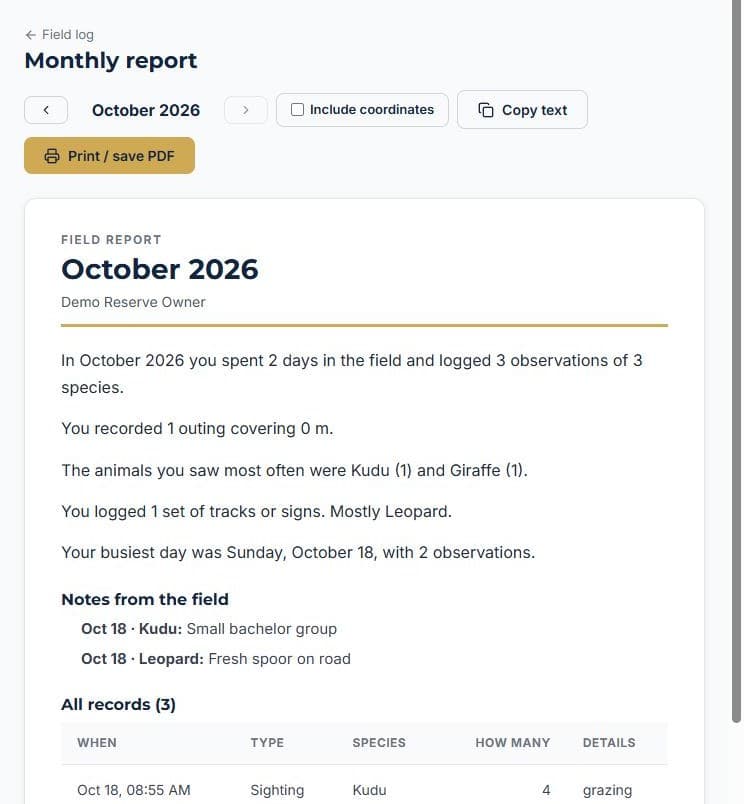 Log every sighting from the field: Get a written report, every month