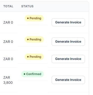 Invoice a booking and track payment: Click Generate Invoice on the booking