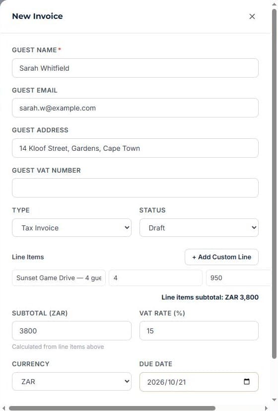 Invoice a booking and track payment: Check the details and create it