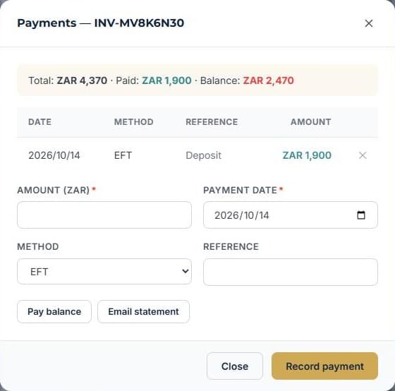 Invoice a booking and track payment: Record payments as they come in