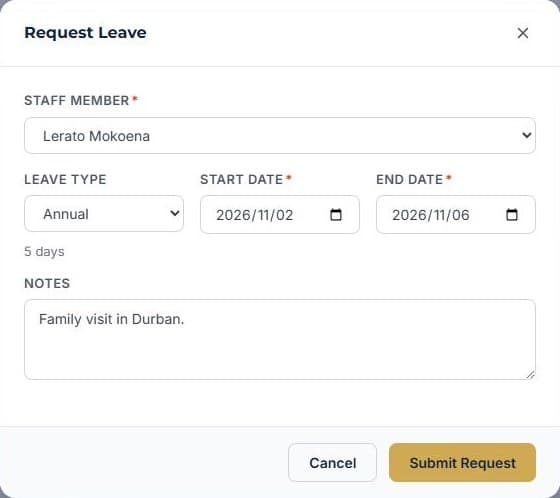 Roster shifts and approve leave: Log a leave request