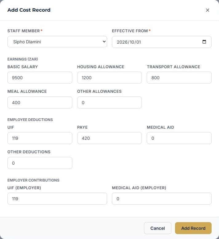 See what your team really costs: Add a cost record