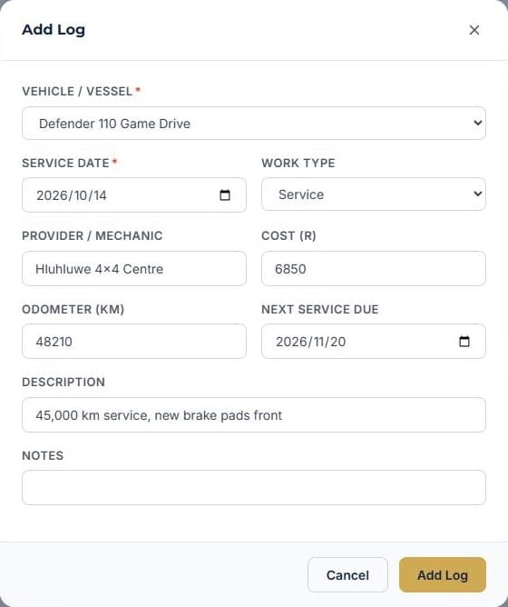 Log vehicle maintenance: Log the service or repair
