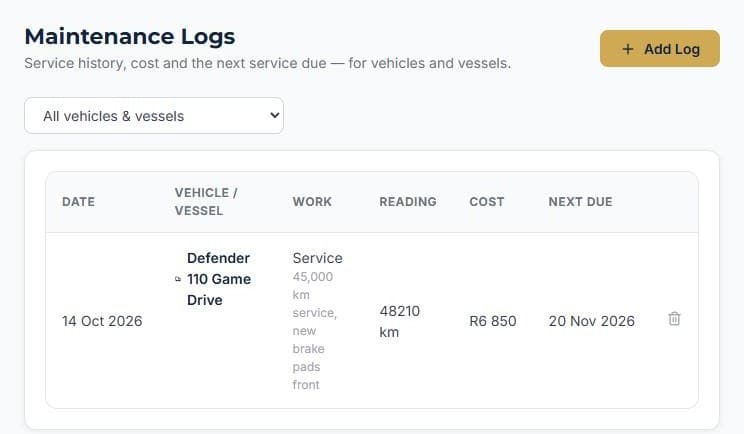 Log vehicle maintenance: Build up a full service history